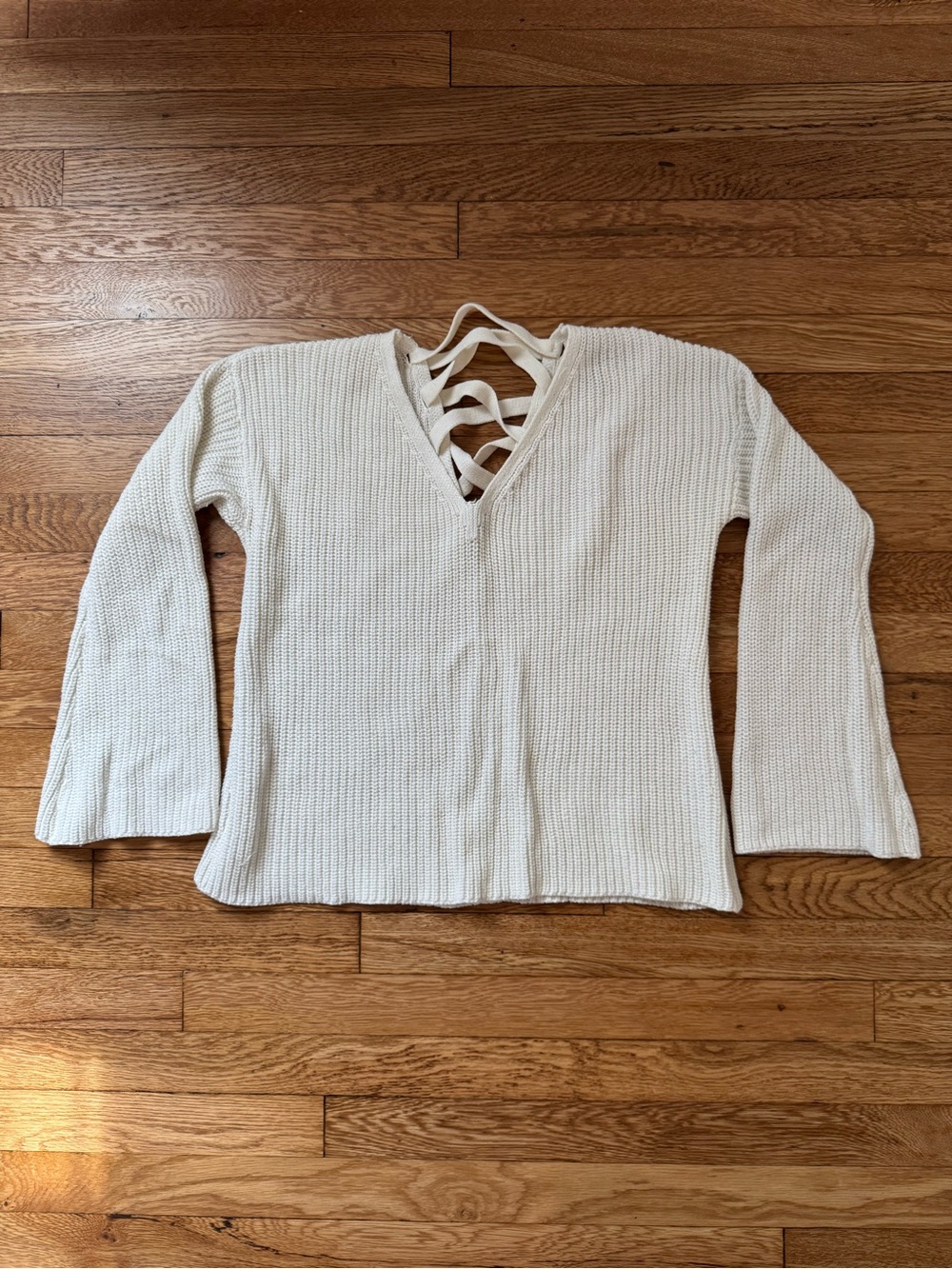 White Knit V-Neck Knit Sweater, Lace Up Back, Size Medium